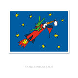 Postkaart Kareltje in rode raket